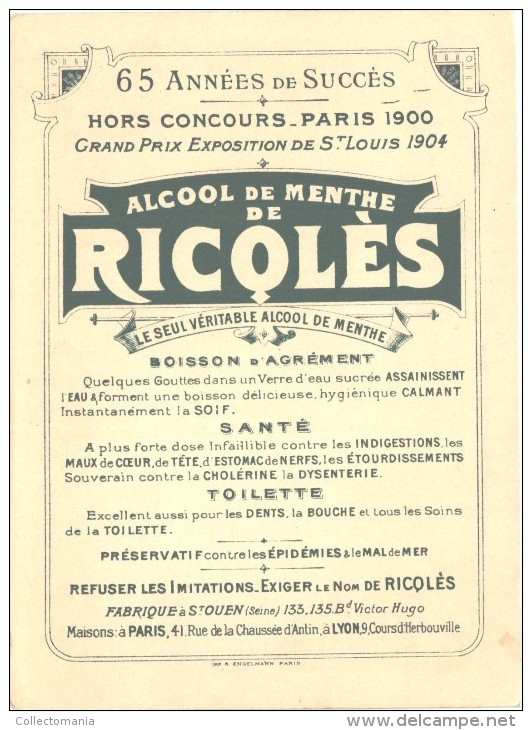 10 cartes anno 1900 PUB RICQLES chromos superbe litho - enfants chansons musique GERBAULT