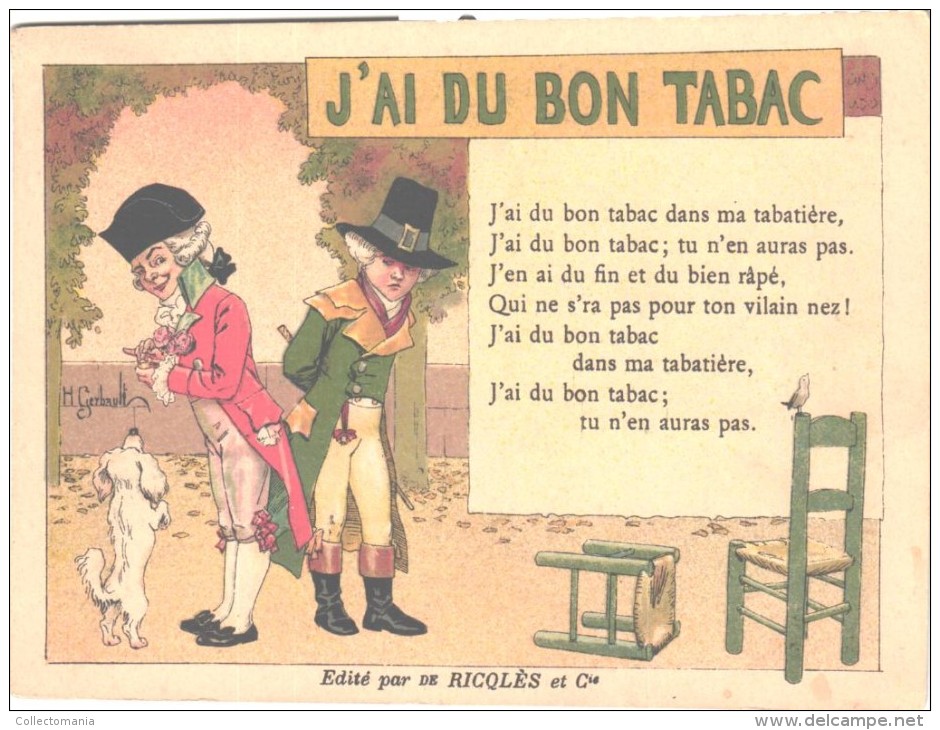 10 cartes anno 1900 PUB RICQLES chromos superbe litho - enfants chansons musique GERBAULT