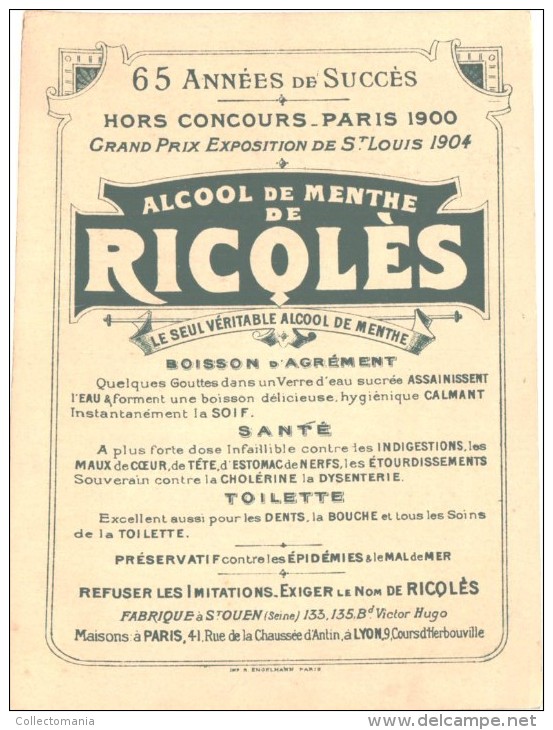 10 cartes anno 1900 PUB RICQLES chromos superbe litho - enfants chansons musique GERBAULT