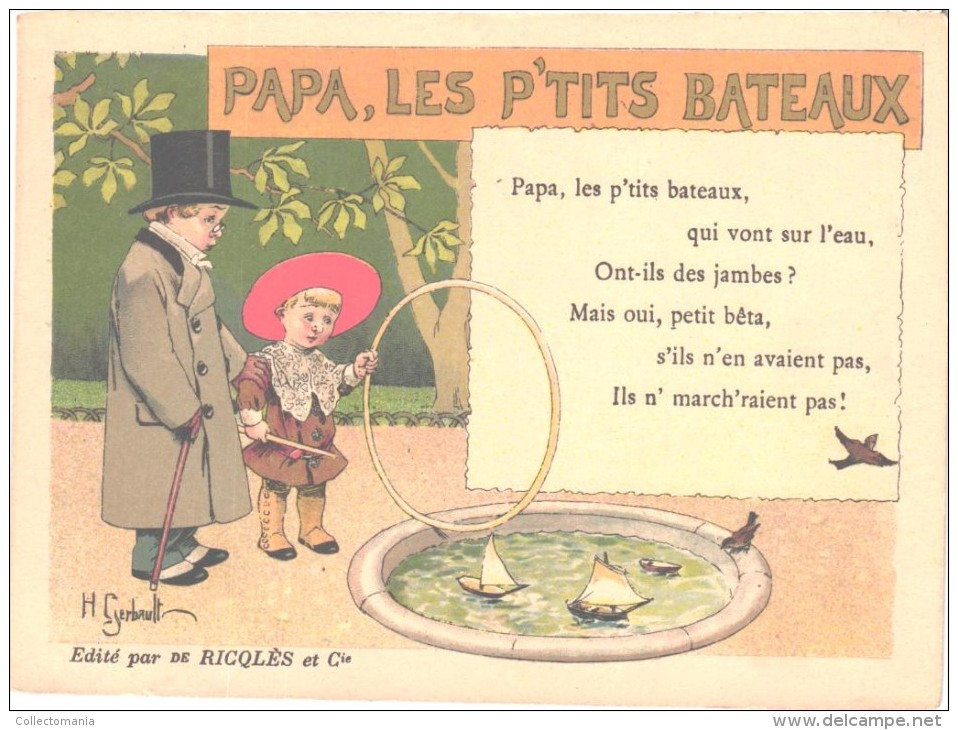 10 cartes anno 1900 PUB RICQLES chromos superbe litho - enfants chansons musique GERBAULT