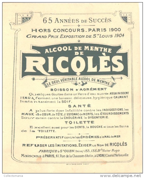 10 cartes anno 1900 PUB RICQLES chromos superbe litho - enfants chansons musique GERBAULT