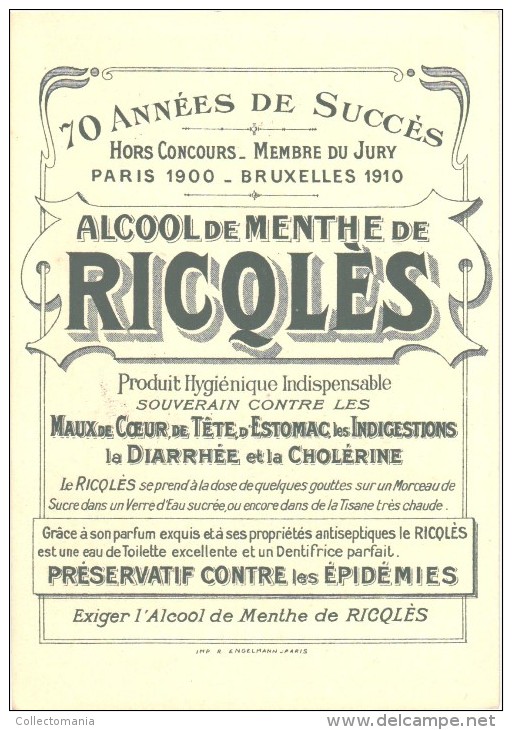 10 cartes anno 1900 PUB RICQLES chromos superbe litho - ill. PREJELAN - impr ENGELMAN - ART Nouveau mode