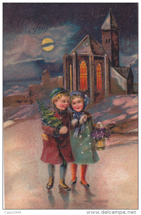 CARD BUON NATALE IN RILIEVO COPPIA BIMBI ESCONO DA CHIESA -FP-N-2-0882-22424 - Other & Unclassified