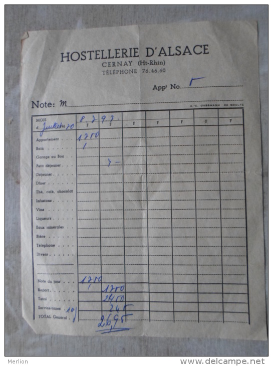 Hostellerie D'Alsace - CERNAY  Ht-Rhin - Invoice   PR114.9 - Sport & Tourismus