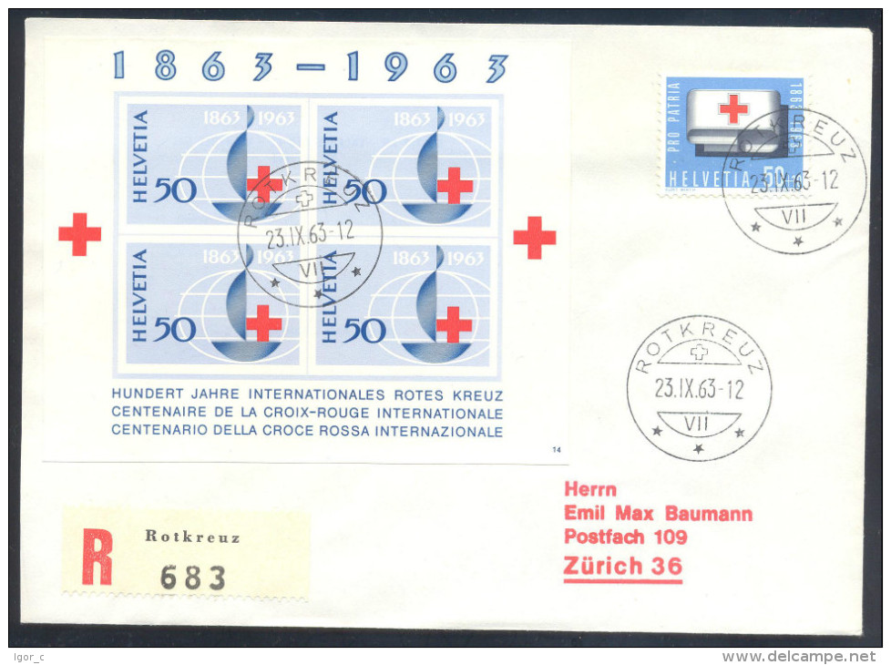 Switzerland Sweiz Suisse 1963 Registered Cover; Red Cross 100 Anniversary; Block + Pro Patria Red Cross Stamp - Red Cross