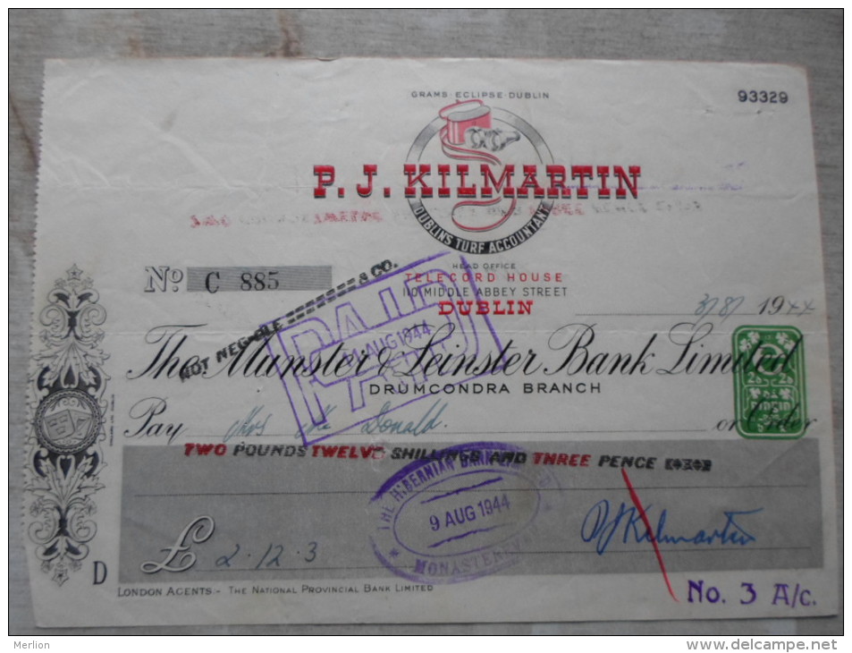 IRELAND   P.J. Kilmartin - Dublins Turf Accountant - 2 Pounds  1944    Drumcondra Branch   PR114.19 - Cheques & Traveler's Cheques