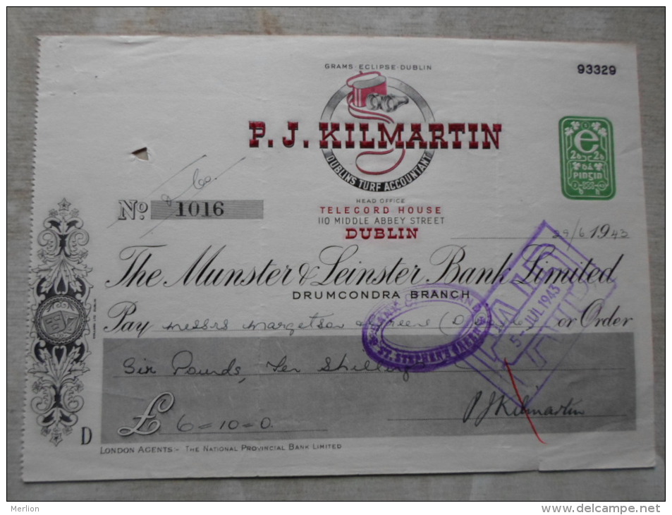 IRELAND   P.J. Kilmartin - Dublins Turf Accountant - 6 Pounds  1943   Drumcondra Branch   PR114.20 - Cheques & Traveler's Cheques