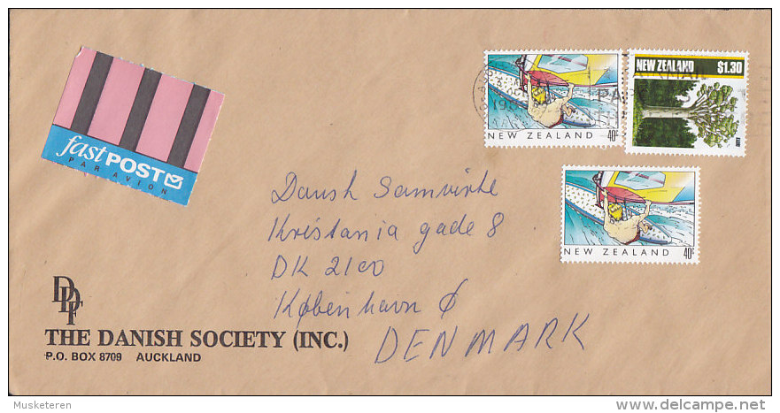 New Zealand FASTpost Par Avion Labels THE DANISH SOCIETY, AUCKLAND 1989 Cover 2x Windsurfing & Tree Baum (Kauri) - Luftpost