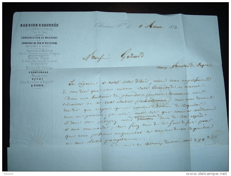 LETTRE (PLI) OBL. 6 AOUT 53 CLERMONT FERRAND 62 (63 PUY DE DOME) + TAXE 25 + BARBIER &amp; DAUBREE FONDERIE - 1849-1876: Période Classique