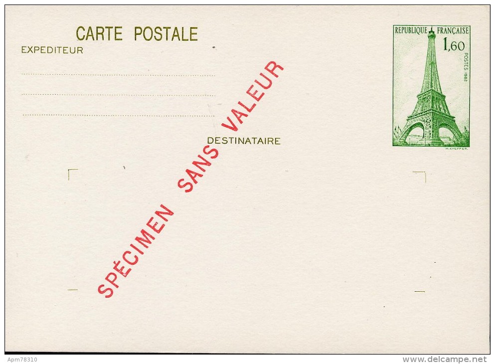 FRANCE Y&T Entier - Carte-postale - Tour Eiffel - Spécimen ** Spe - Cartoline Postali E Su Commissione Privata TSC (ante 1995)
