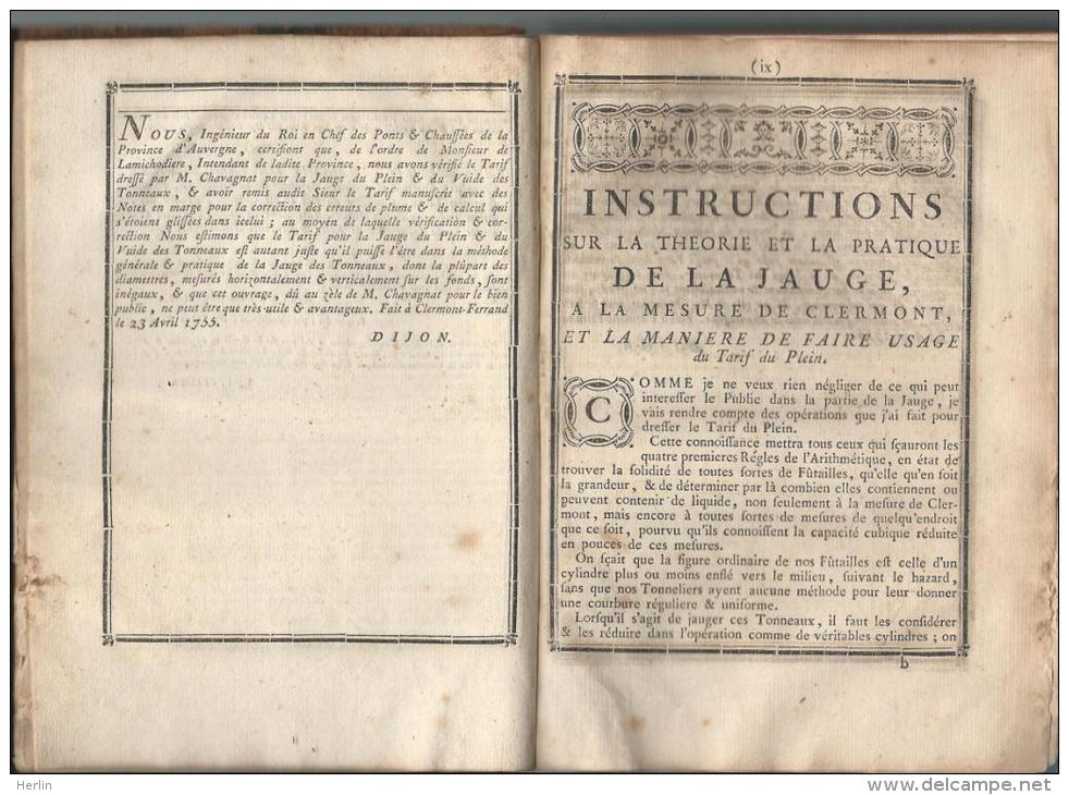 CHAVAGNAT Guillaume - Tarifs Pour Jauger, à La Mesure De Clermont, Le Plein Et Le Vuide Des Vaisseaux - 1755 - Très RARE - 1701-1800