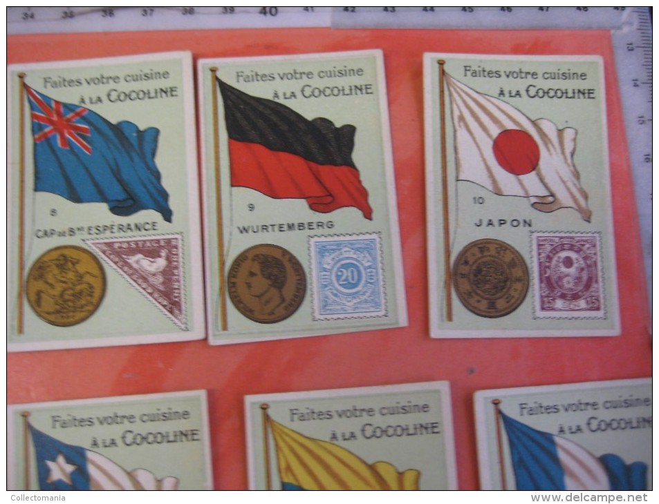 48 chromos nrs 1-50 - Cocoline, usines J.E.De Bruyn, Termonde Dendermonde,  cond. PRIMA flag money & coin, backside map