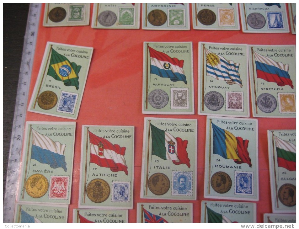 48 chromos nrs 1-50 - Cocoline, usines J.E.De Bruyn, Termonde Dendermonde,  cond. PRIMA flag money & coin, backside map