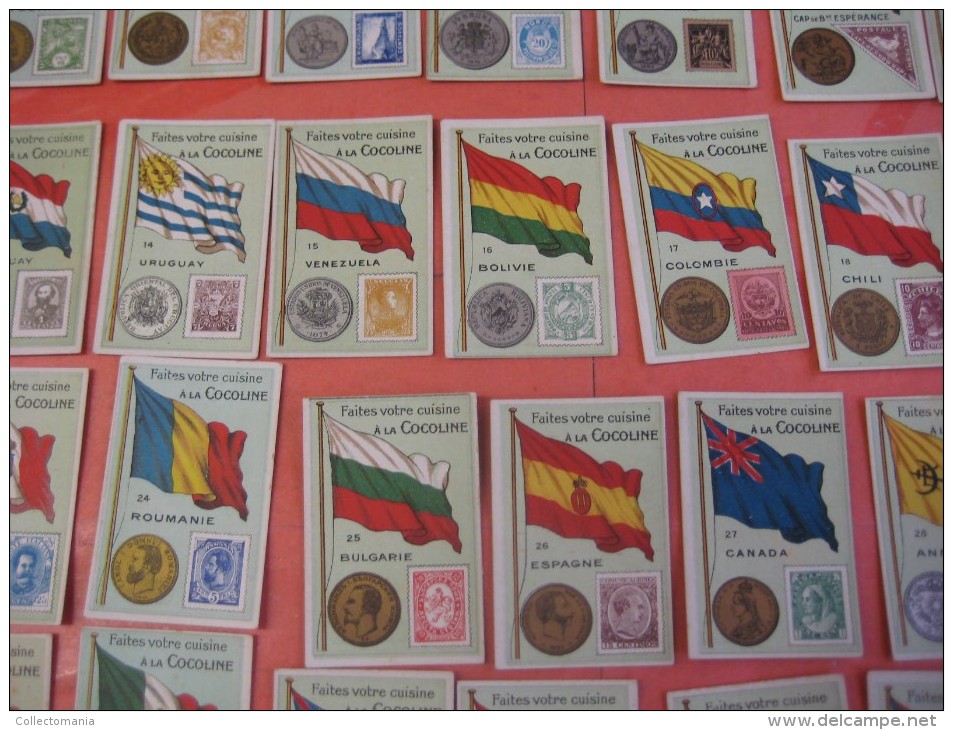 48 chromos nrs 1-50 - Cocoline, usines J.E.De Bruyn, Termonde Dendermonde,  cond. PRIMA flag money & coin, backside map