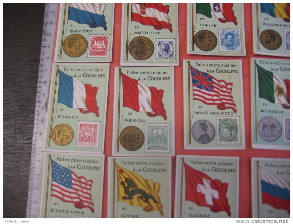 48 chromos nrs 1-50 - Cocoline, usines J.E.De Bruyn, Termonde Dendermonde,  cond. PRIMA flag money & coin, backside map