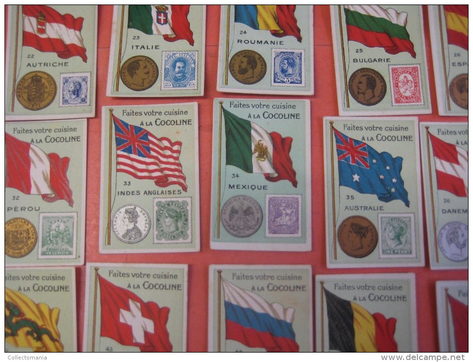 48 chromos nrs 1-50 - Cocoline, usines J.E.De Bruyn, Termonde Dendermonde,  cond. PRIMA flag money & coin, backside map