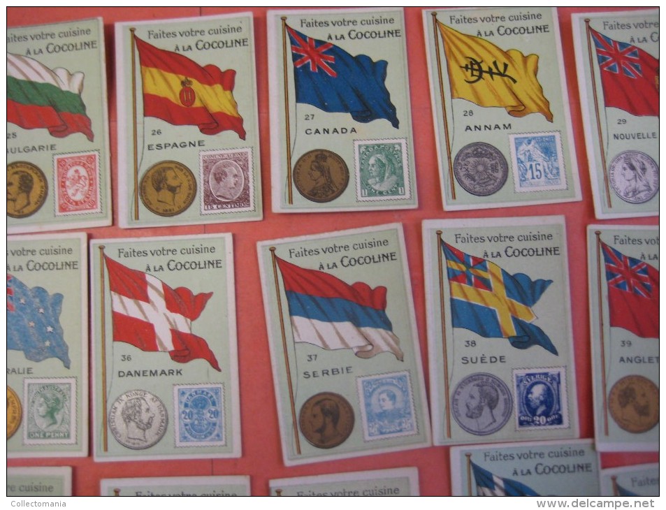 48 chromos nrs 1-50 - Cocoline, usines J.E.De Bruyn, Termonde Dendermonde,  cond. PRIMA flag money & coin, backside map