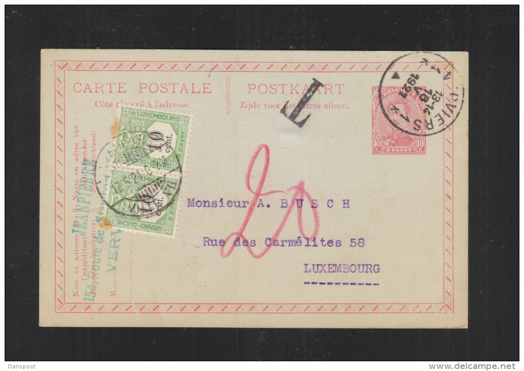 Belgien GSK 1921 Verviers Nach Luxemburg Nachporto - Postage Due