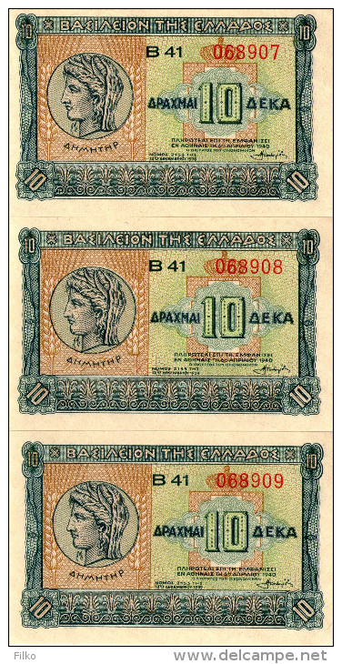 Greece,10 Dr.,1940 P.314 ,3x Consecutive Banknotes,as Scan - Greece