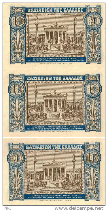 Greece,10 Dr.,1940 P.314 ,3x Consecutive Banknotes,as Scan - Grèce