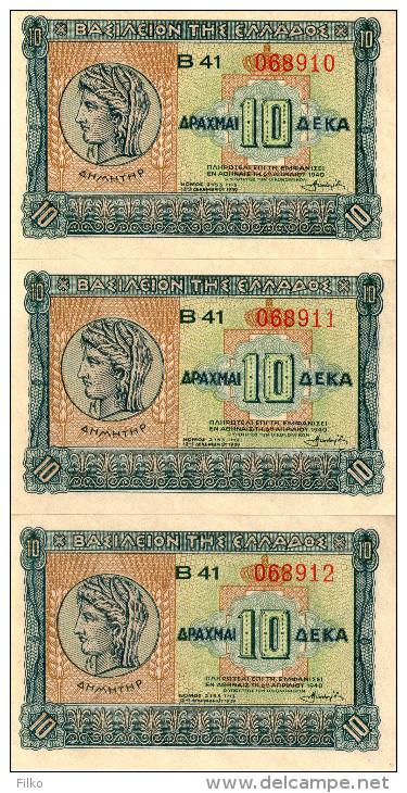 Greece,10 Dr.,1940 P.314 ,3x Consecutive Banknotes,see Scan - Griekenland