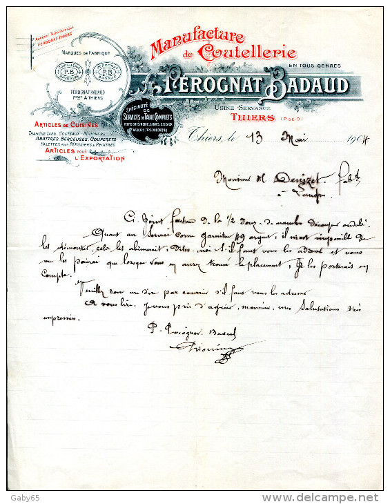 63.PUY DE DÔME.THIERS.MANUFACTURE DE COUTELLERIE EN TOUS GENRES.PEROGNAT-BADAUD.USINE SERVANCE - Otros & Sin Clasificación