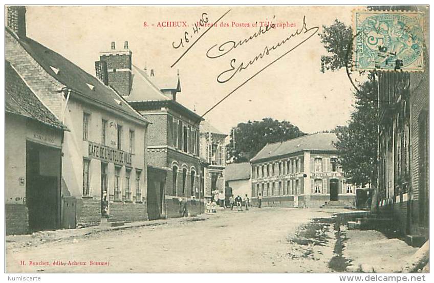 Cpa ACHEUX 80 Bureau Des Postes Et Télégraphes - Café De L' Hôtel De Ville - Hôtel Du Grand Cerf - Acheux En Amienois