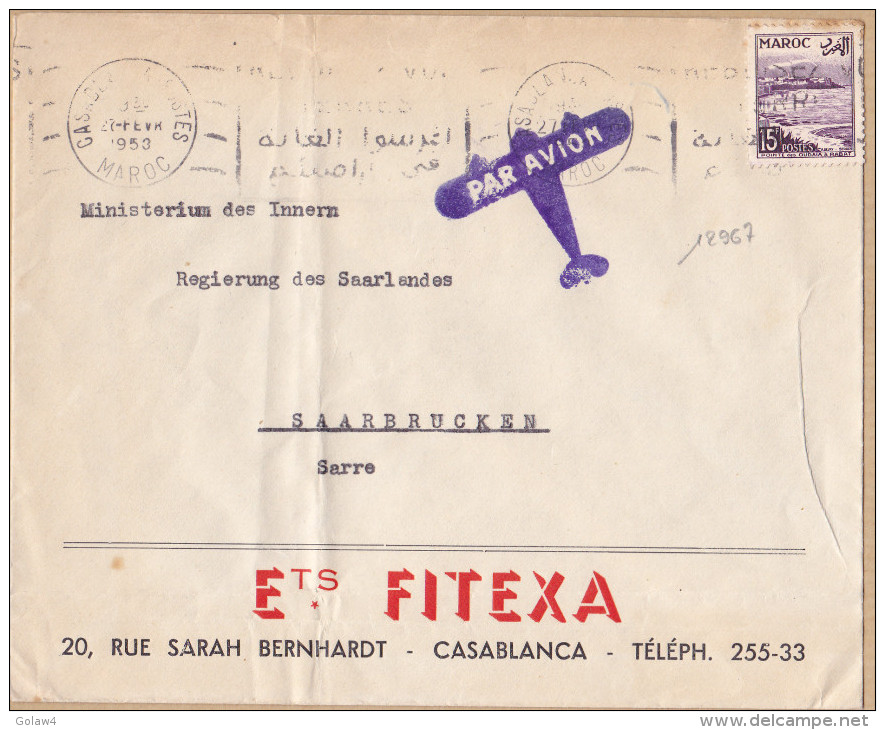 12967# MAROC LETTRE PAR AVION Obl CASABLANCA 1953 SAARBRUCKEN SARRE SAAR - Aéreo