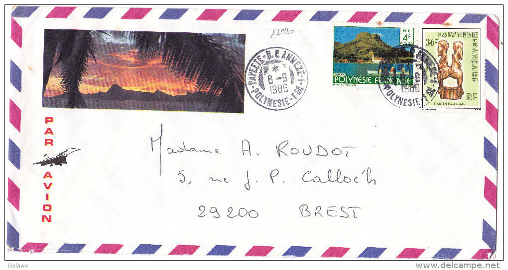 12990# LETTRE PAR AVION Obl PAPEETE RP ANNEXE 1 POLYNESIE FRANCAISE 1986 Pour BREST FINISTERE BRETAGNE - Storia Postale