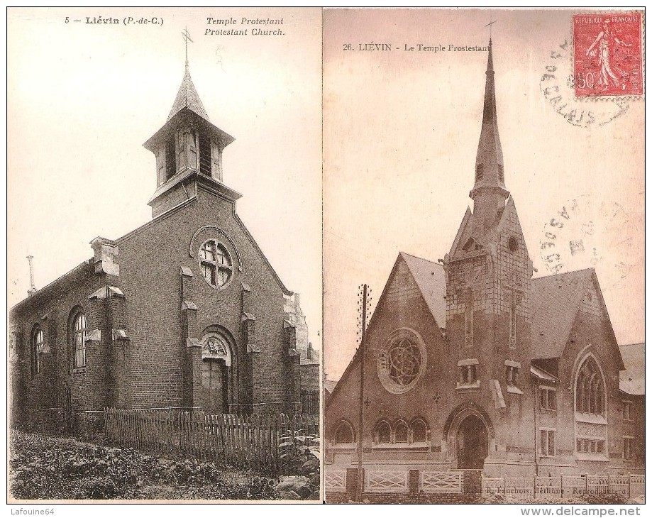 LIEVIN  - Temples Protestants . 2 CPA  L'ancien Temple  Détruit En 1916 Et Le Nouveau Temple - Lievin