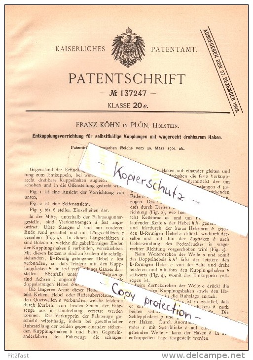 Original Patent - Franz Köhn In Plön , Holstein , 1902 , Entkupplungsvorrichtung Für Kupplungen , Eisenbahn !!! - Ploen