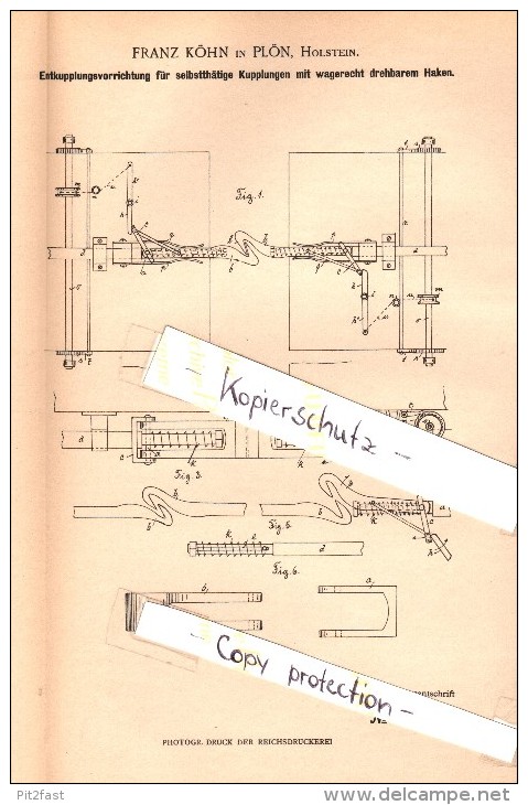 Original Patent - Franz Köhn In Plön , Holstein , 1902 , Entkupplungsvorrichtung Für Kupplungen , Eisenbahn !!! - Ploen