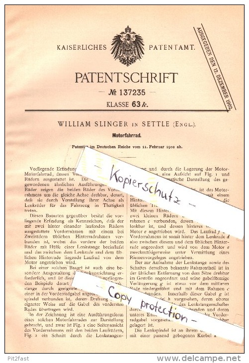Original Patent - William Slinger In Settle , England , 1902 , Motor-bike , Bicycle , Motorcycle , Moto !!! - Motor Bikes