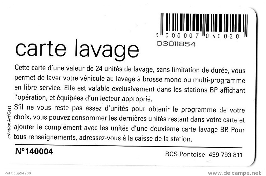 CARTE LAVAGE Bp 24  Unités De Lavage - Lavage Auto