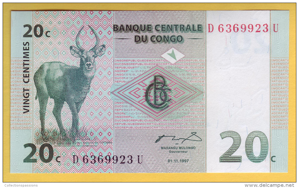 CONGO - Lot de 4 billets 1, 5,10, et 20 centimes. 1997. NEUF