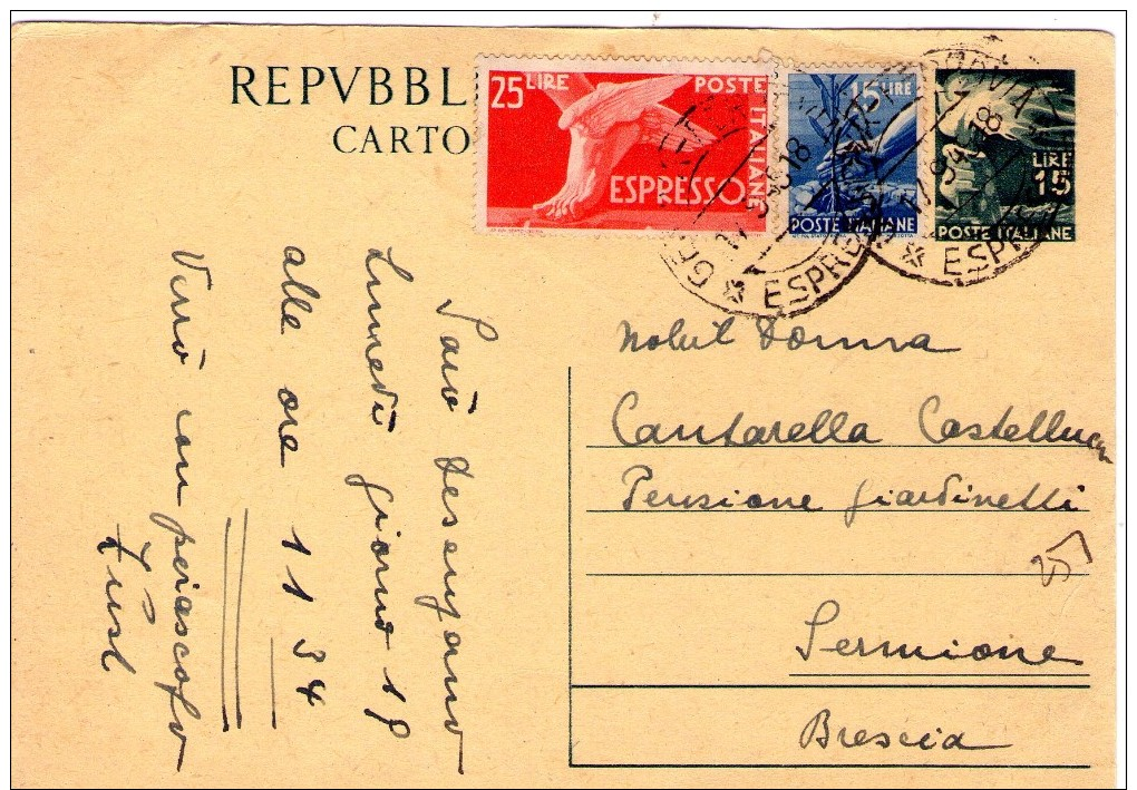 ITALIA  Intero Postale Republica Democratica Stampa Lire 15 + 15 + 25 Espresso Amb. 17 - 9 - 1949 - Andere & Zonder Classificatie