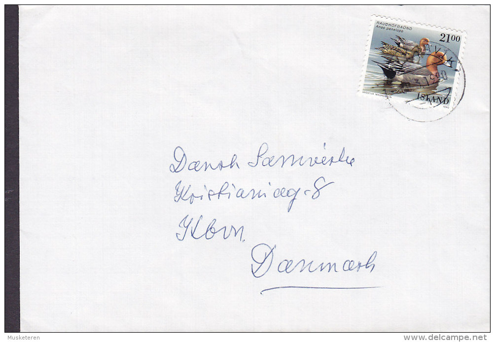 Iceland REYKJAVIK 1990 Cover Brief To Denmark Bird Vogel Oiseau 21.00 Kr Duck Geprägt Embossed Name Backside (3 Scans) - Cartas & Documentos