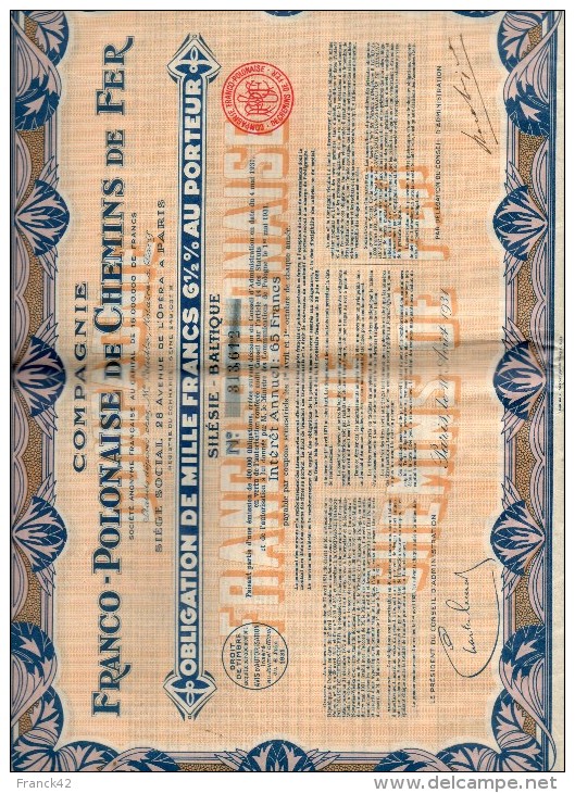 Compagnie Franco Polonaise De Chemin De Fer. Slésie Baltique. Obligation De 1000 Francs - Chemin De Fer & Tramway