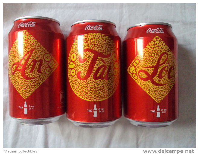 Set Of 03 Vietnam Viet Nam Coke Coca Cola Empty Cans : New Year 2015 - Opened At Bottom - Latas