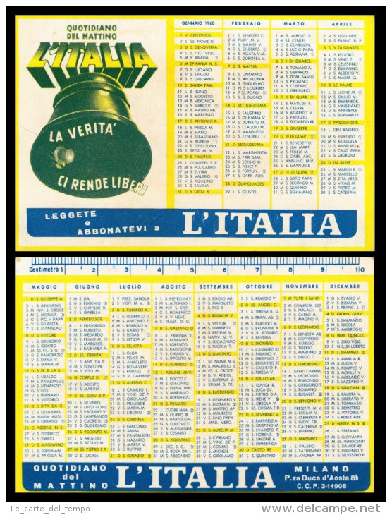Calendario, Calendarietto De L´Italia, Quotidiano Del Mattino Per Il 1960. - Formato Grande : 1941-60