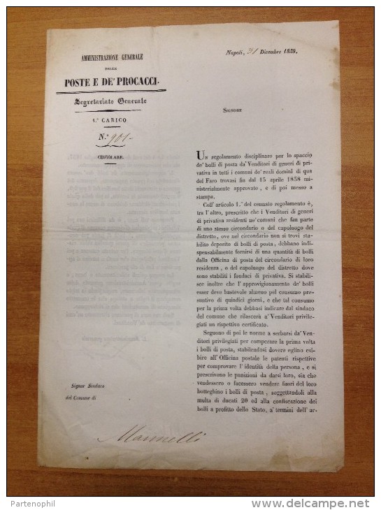 REGNO DI NAPOLI 1859 Amministrazione Generali Delle Poste E Dè Procacci "Circolare" Regolamento Per La Vendita Di Franco - Decreti & Leggi