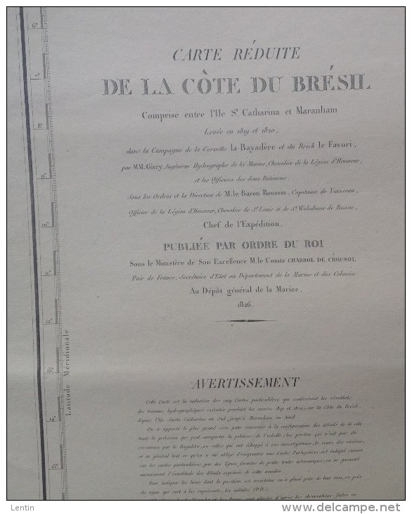 Caerte Marine - Cote Du Bresil Entre L'ile Sta-Catherina Et Maranham - Levée En 1819, Campagne La Bayadere, Brick Le Fav - Cartes Marines