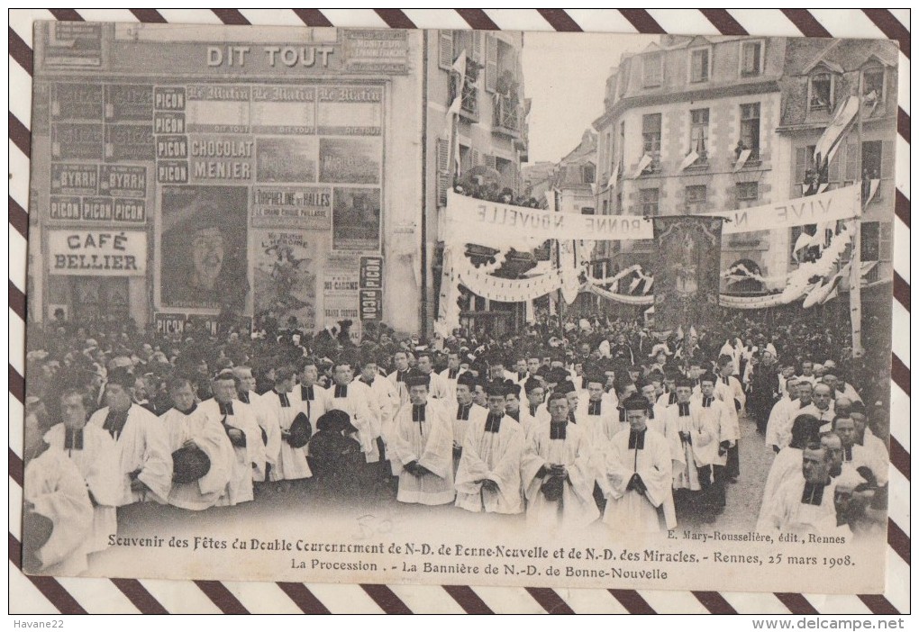 K246 RENNES 25 MARS 1908 SOUVENIR DES FETES DU DOUBLE COURONNEMENT ...LA PROCESSION TRES BEL ENSEMBLE DE PUB - Empfänge