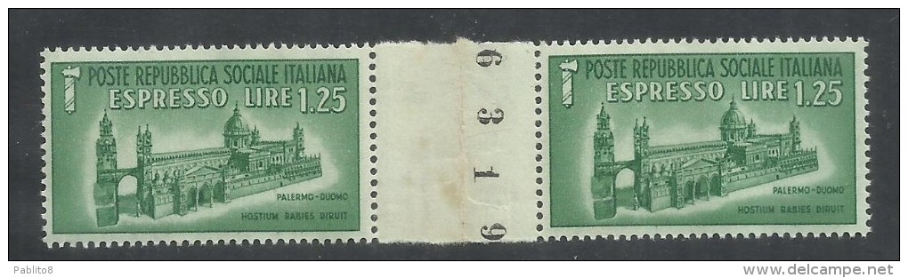 ITALIA REGNO ITALY KINGDOM 1944 RSI  ESPRESSO DUOMO PALERMO LIRE 1,25 PONTE GUTTER PAIRS MNH NUMERO SERIALE - Express Mail