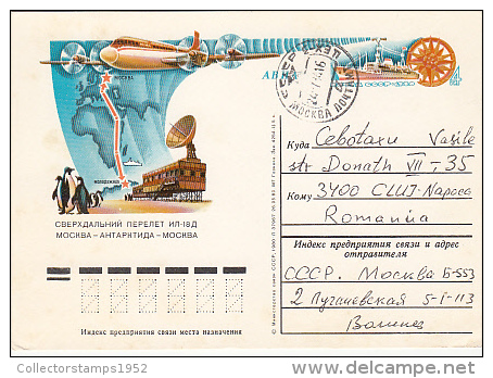 9236- MOSCOW- ANTARCTICA- MOSCOW OUTBOUND FLIGHT IL-18D, PLANE, PENGUINS, POSTCARD STATIONERY, 1984, RUSSIA - Andere & Zonder Classificatie