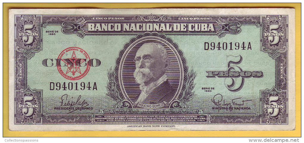 CUBA - Billet De 5 Pesos. 1960. Pick: 92a. TTB+ - Cuba