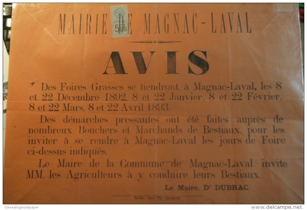 87 - MAGNAC LAVAL - AFFICHE MAIRIE -AVIS DES FOIRES GRASSES 1892- DOCTEUR DUBRAC MAIRE -IMPRIMEUR TH.CLOCHARD BELLAC - Afiches