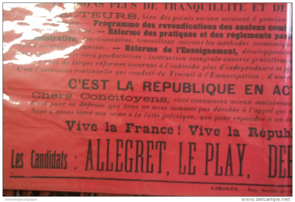 87 -  LIMOGES - RARE GRANDE AFFICHE POLITIQUE- ALLEGRET-LE PLAY-DEBREGEAS-LECLUSE-DE SAINT FLORENT- - Plakate