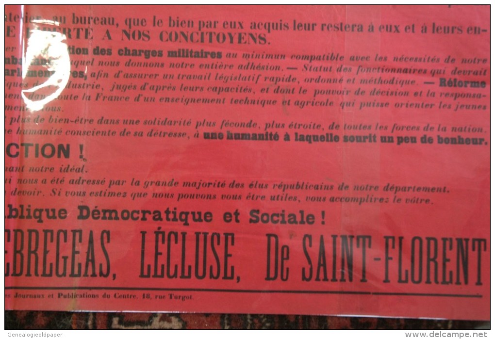 87 -  LIMOGES - RARE GRANDE AFFICHE POLITIQUE- ALLEGRET-LE PLAY-DEBREGEAS-LECLUSE-DE SAINT FLORENT- - Posters