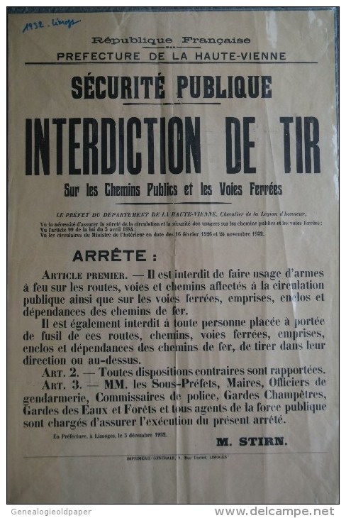 87 -  LIMOGES - RARE  AFFICHE SECURITE PUBLIQUE 1932- INTERDICTION DE TIR- M. STIRN - Plakate